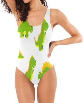Cute Green Dino Ladies Bathing Suits One-Piece, Open Back Bathing Suits for Women, Sexy One-Piece Swimsuit