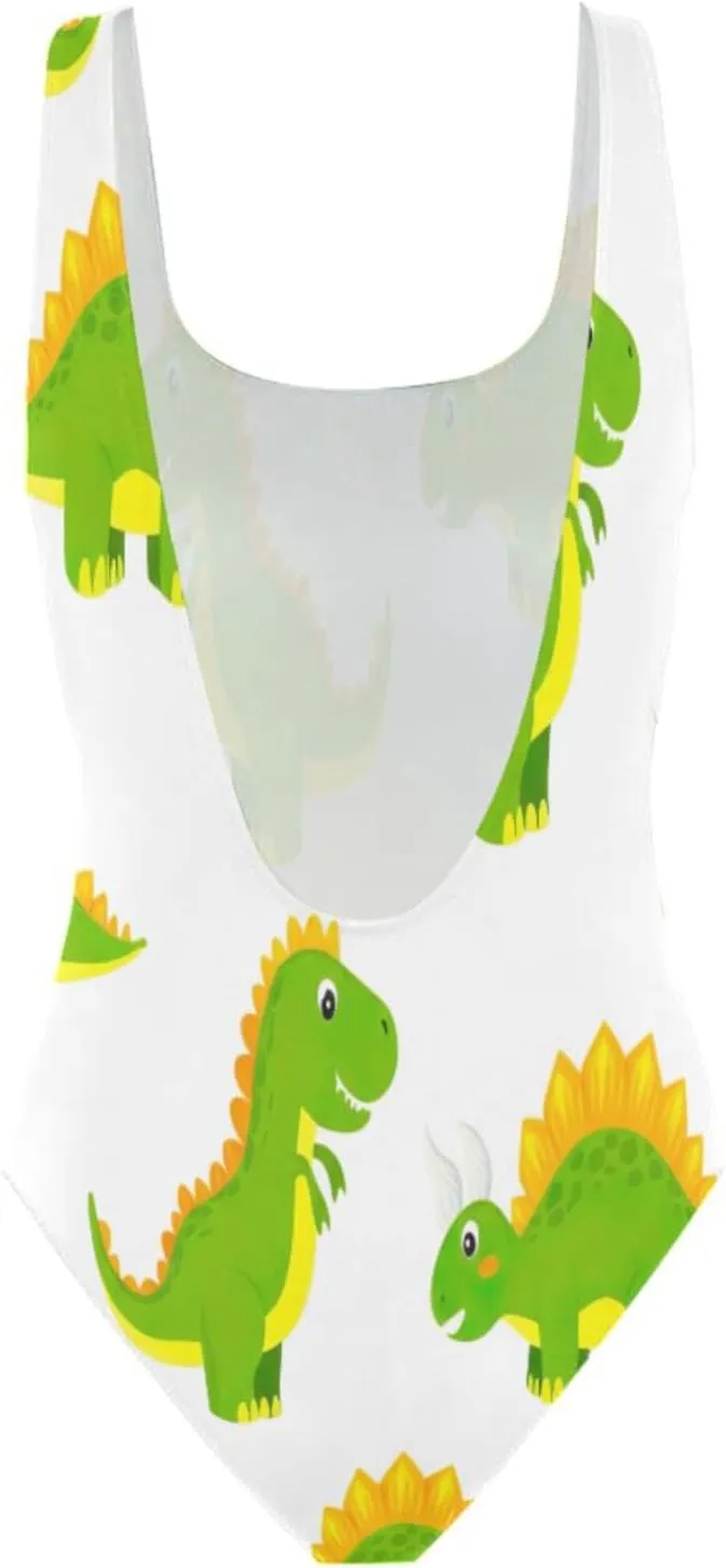 Cute Green Dino Ladies Bathing Suits One-Piece, Open Back Bathing Suits for Women, Sexy One-Piece Swimsuit
