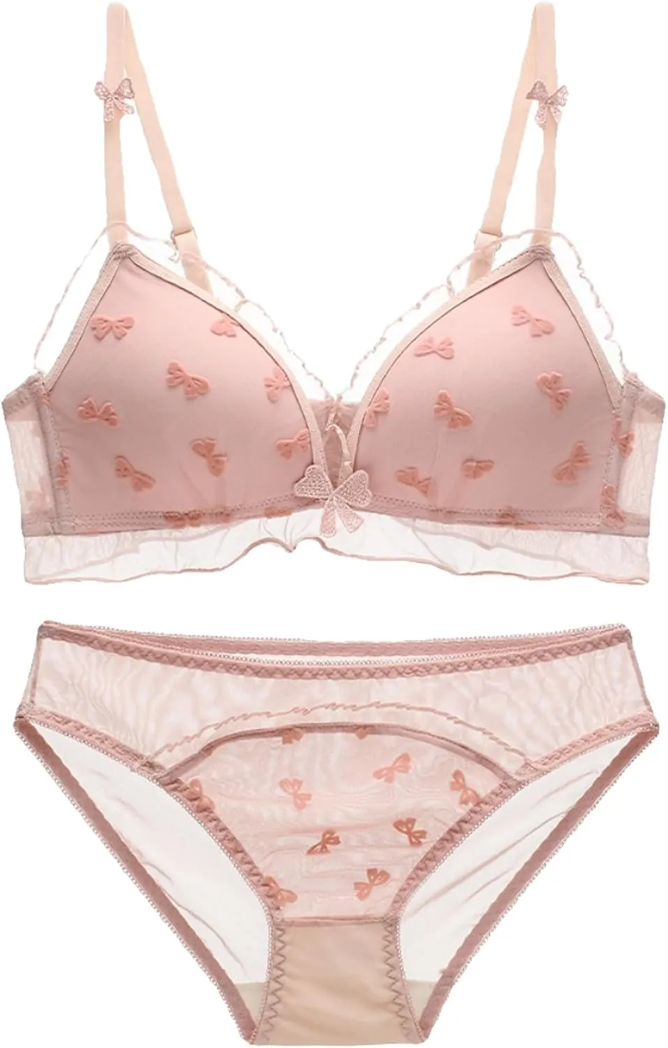 Cute Lingerie Set with Pink Bow Lace Design Soft Wireless Bra Mesh Slimmer Thin and Light Panty Set Lace Kawaii Style