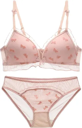 Cute Lingerie Set with Pink Bow Lace Design Soft Wireless Bra Mesh Slimmer Thin and Light Panty Set Lace Kawaii Style
