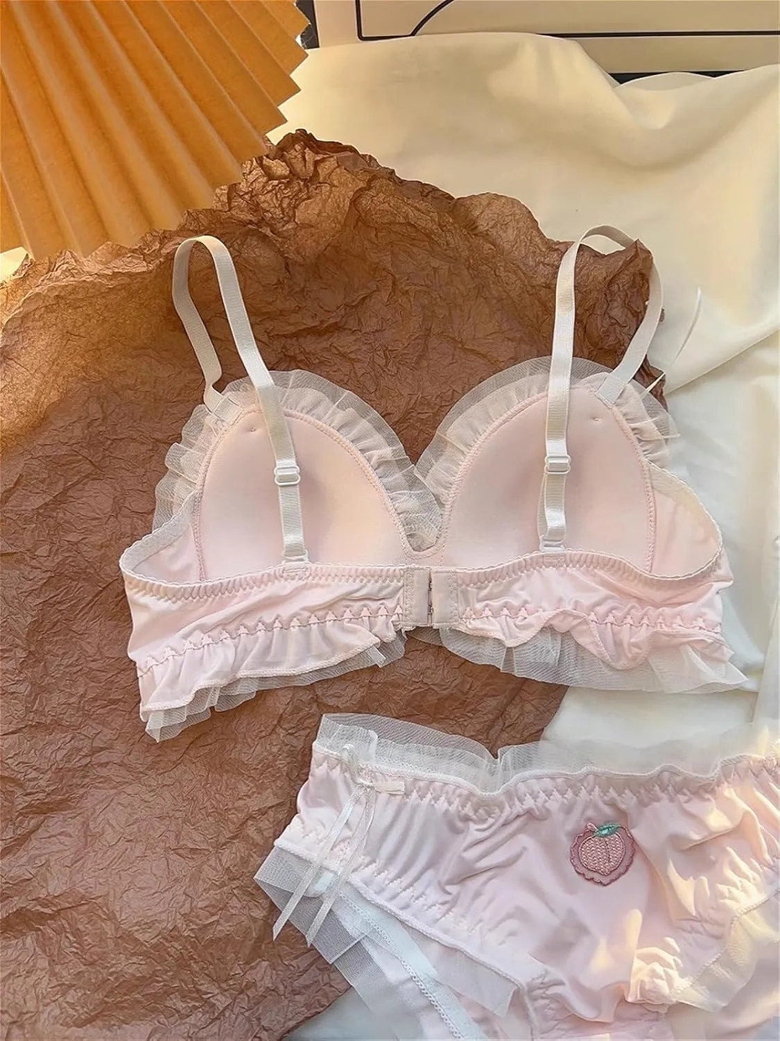 Cute Pink Lingerie Set with Embroidered Cartoon Strawberry Design Soft Wireless Bra Panty Set Lace Kawaii Style