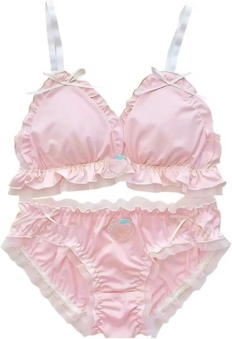 Cute Pink Lingerie Set with Embroidered Cartoon Strawberry Design Soft Wireless Bra Panty Set Lace Kawaii Style