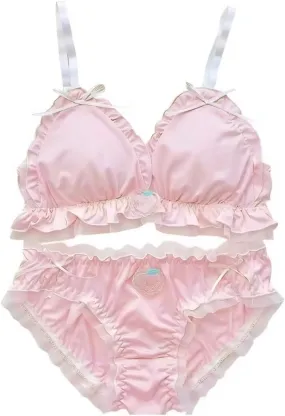 Cute Pink Lingerie Set with Embroidered Cartoon Strawberry Design Soft Wireless Bra Panty Set Lace Kawaii Style