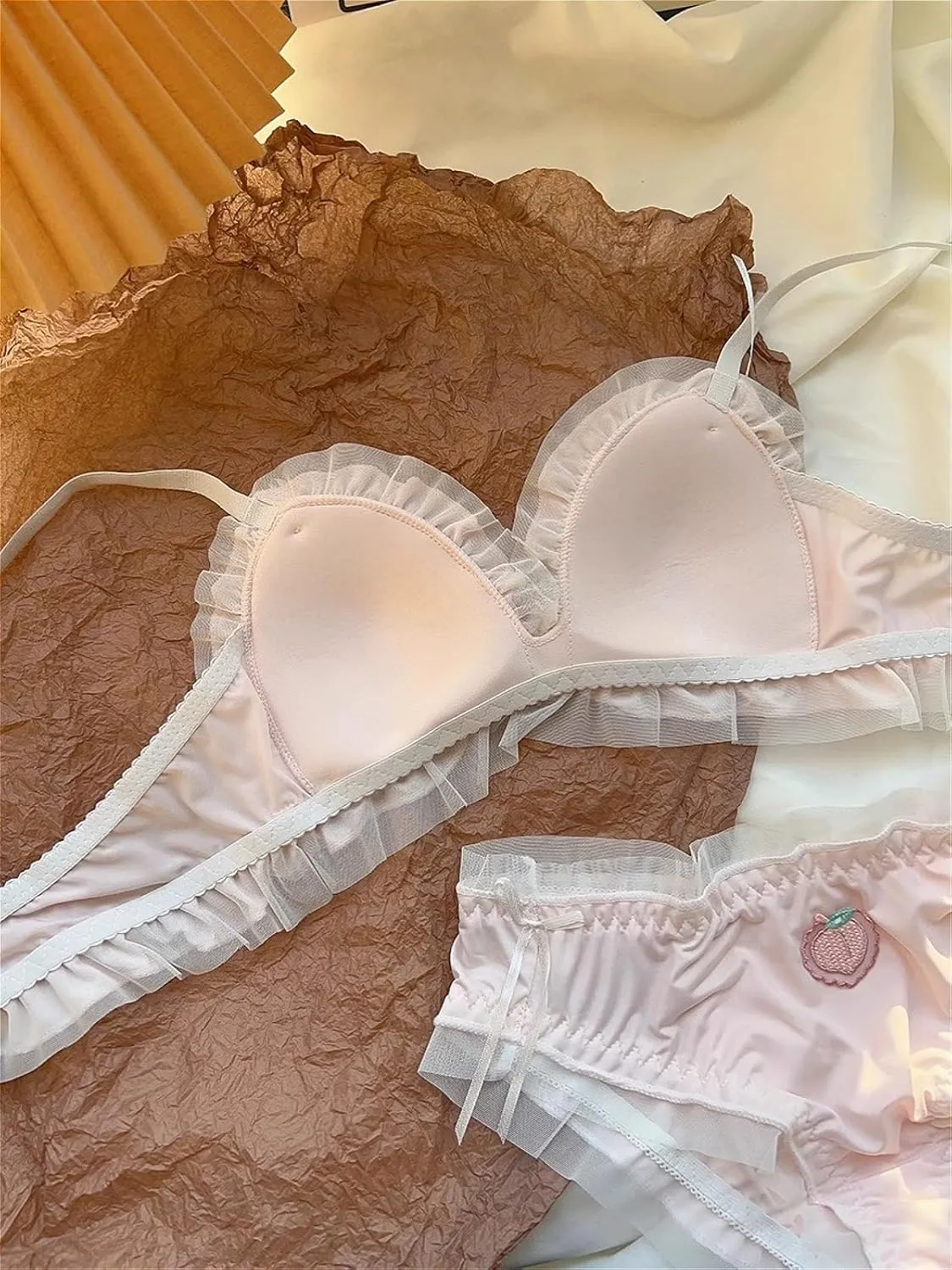 Cute Pink Lingerie Set with Embroidered Cartoon Strawberry Design Soft Wireless Bra Panty Set Lace Kawaii Style