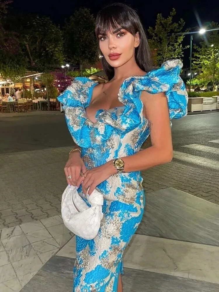 Designer Off the Shoulder Sky Blue Midi Summer Luxury Brocade Dress Women 2022