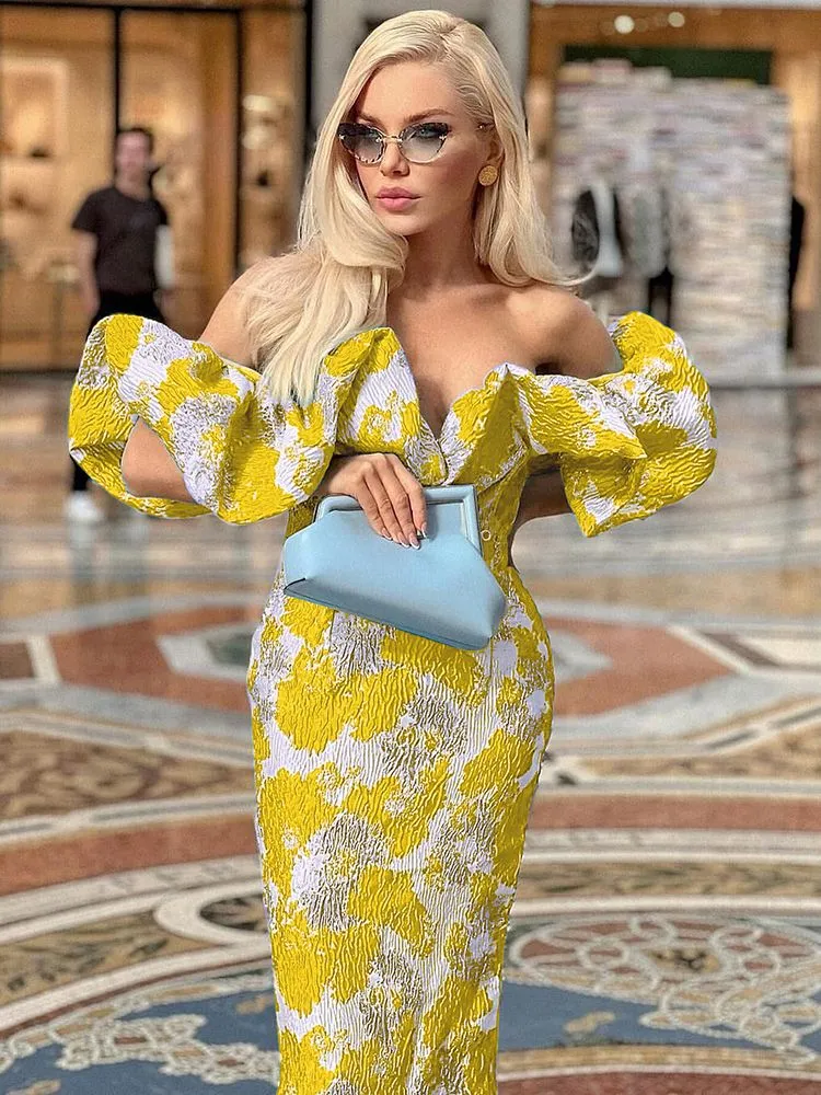 Designer Off the Shoulder Sky Blue Midi Summer Luxury Brocade Dress Women 2022