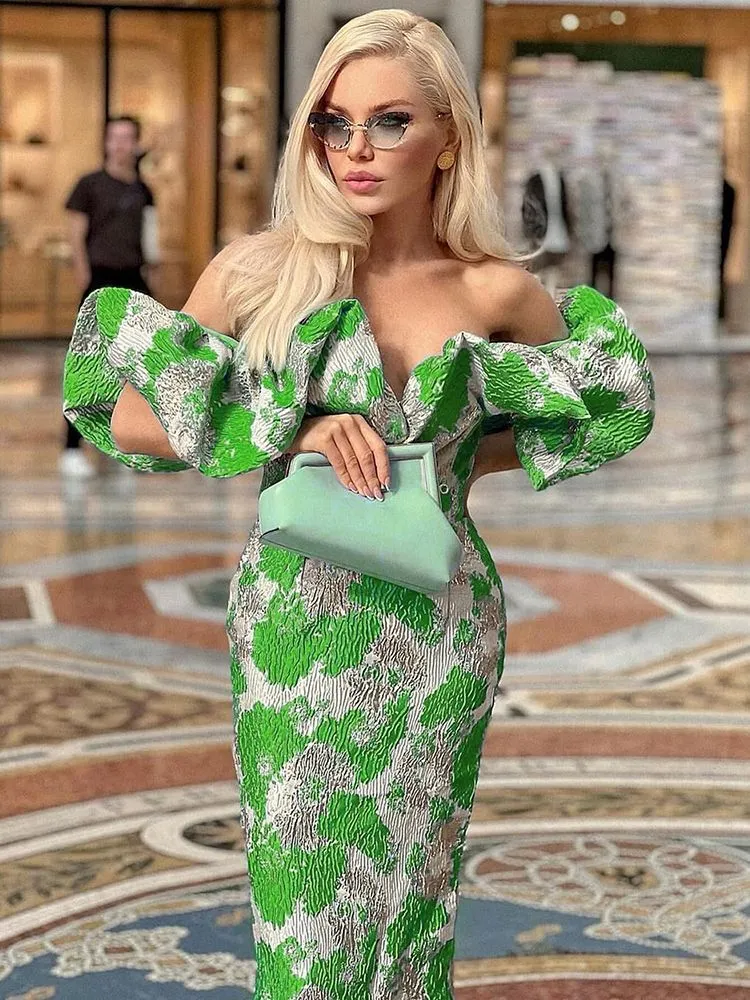 Designer Off the Shoulder Sky Blue Midi Summer Luxury Brocade Dress Women 2022