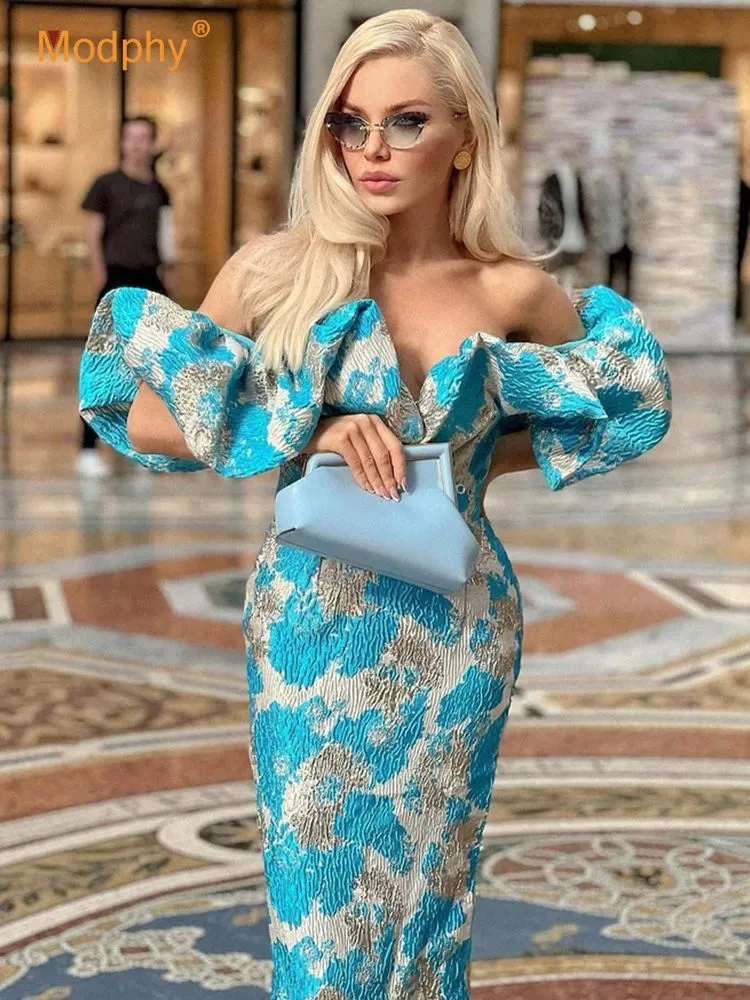Designer Off the Shoulder Sky Blue Midi Summer Luxury Brocade Dress Women 2022