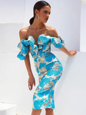 Designer Off the Shoulder Sky Blue Midi Summer Luxury Brocade Dress Women 2022