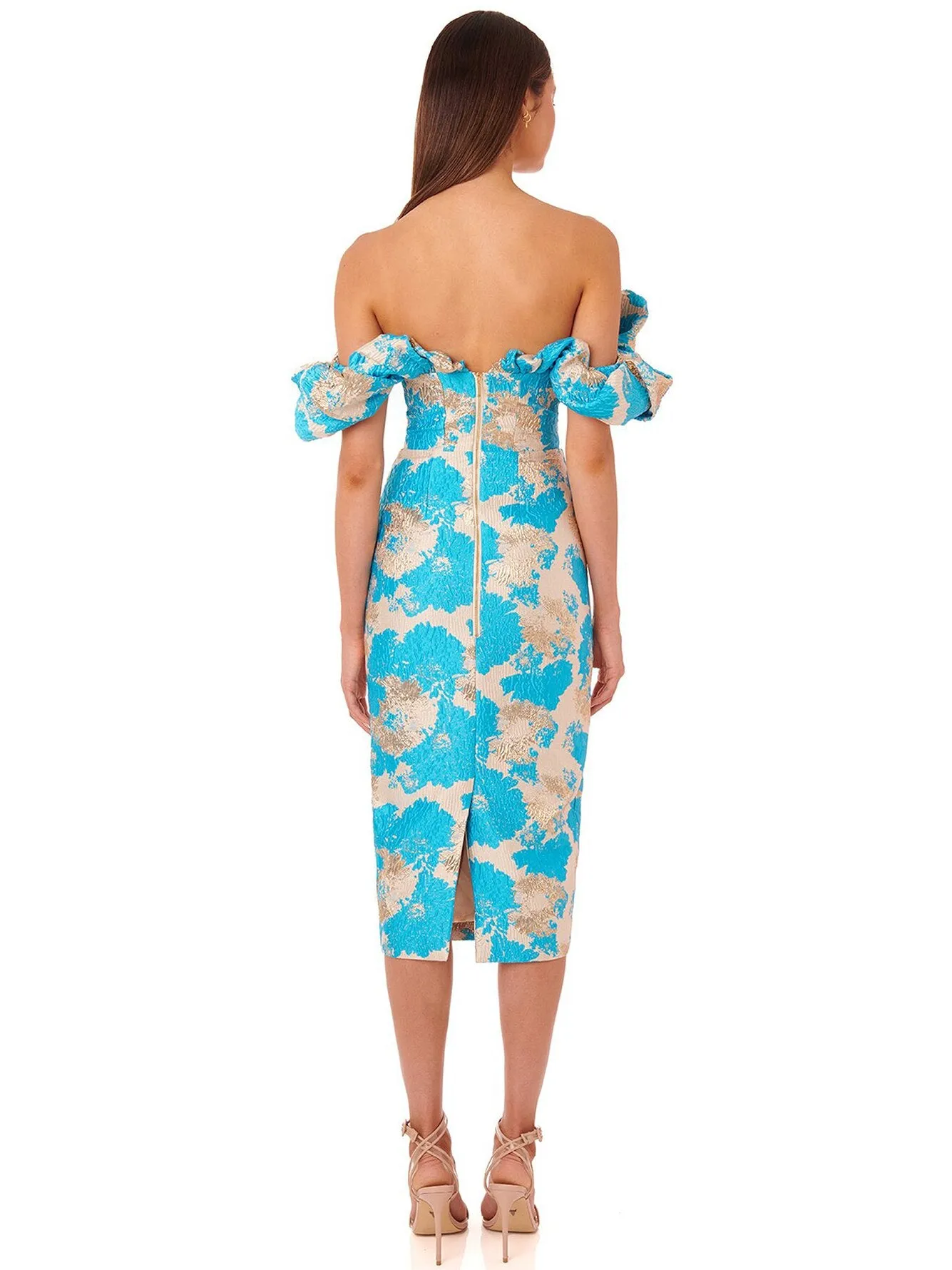 Designer Off the Shoulder Sky Blue Midi Summer Luxury Brocade Dress Women 2022