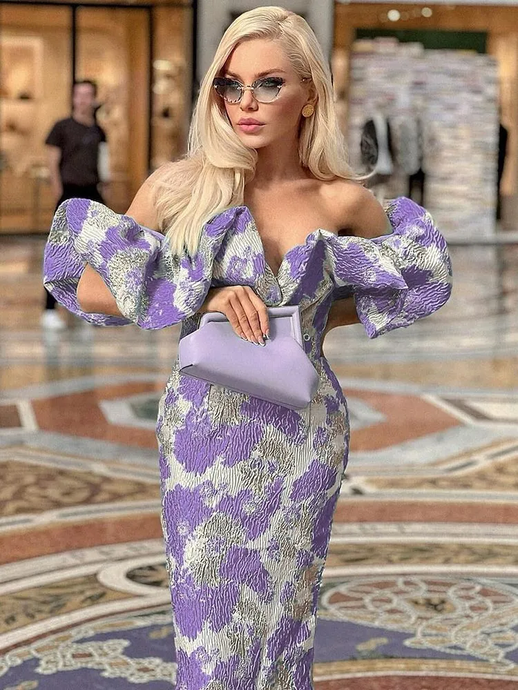 Designer Off the Shoulder Sky Blue Midi Summer Luxury Brocade Dress Women 2022