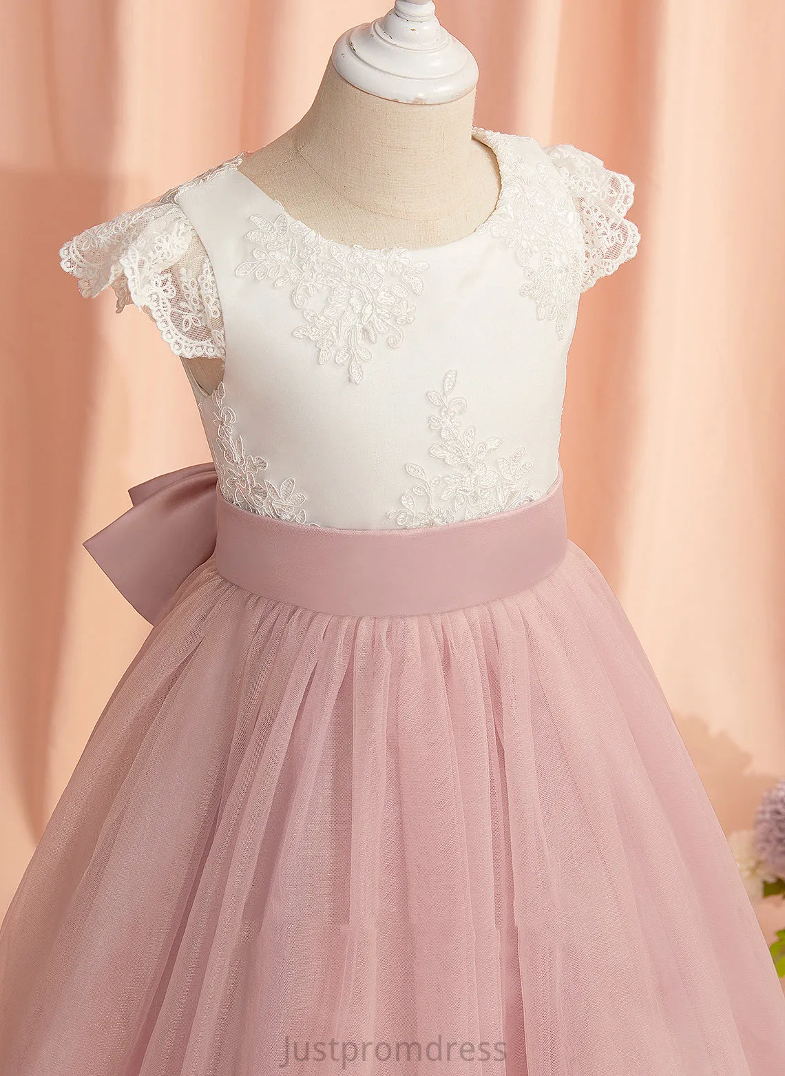 Dress Neck Short - Lace/Bow(s) Knee-length Elsie Sleeves A-Line With Flower Girl Tulle Scoop Flower Girl Dresses