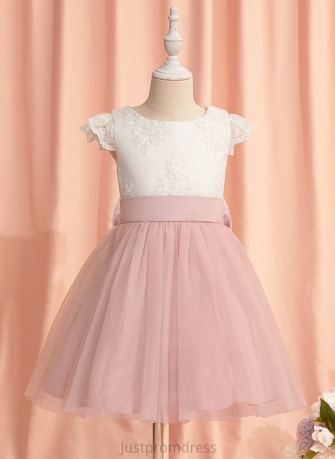 Dress Neck Short - Lace/Bow(s) Knee-length Elsie Sleeves A-Line With Flower Girl Tulle Scoop Flower Girl Dresses