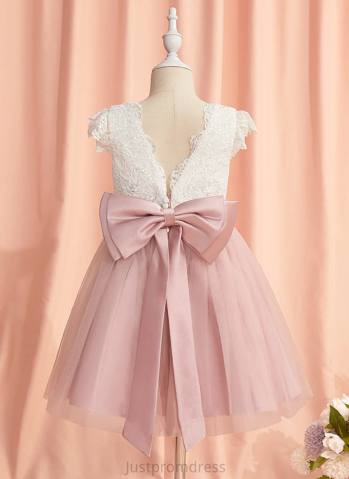 Dress Neck Short - Lace/Bow(s) Knee-length Elsie Sleeves A-Line With Flower Girl Tulle Scoop Flower Girl Dresses