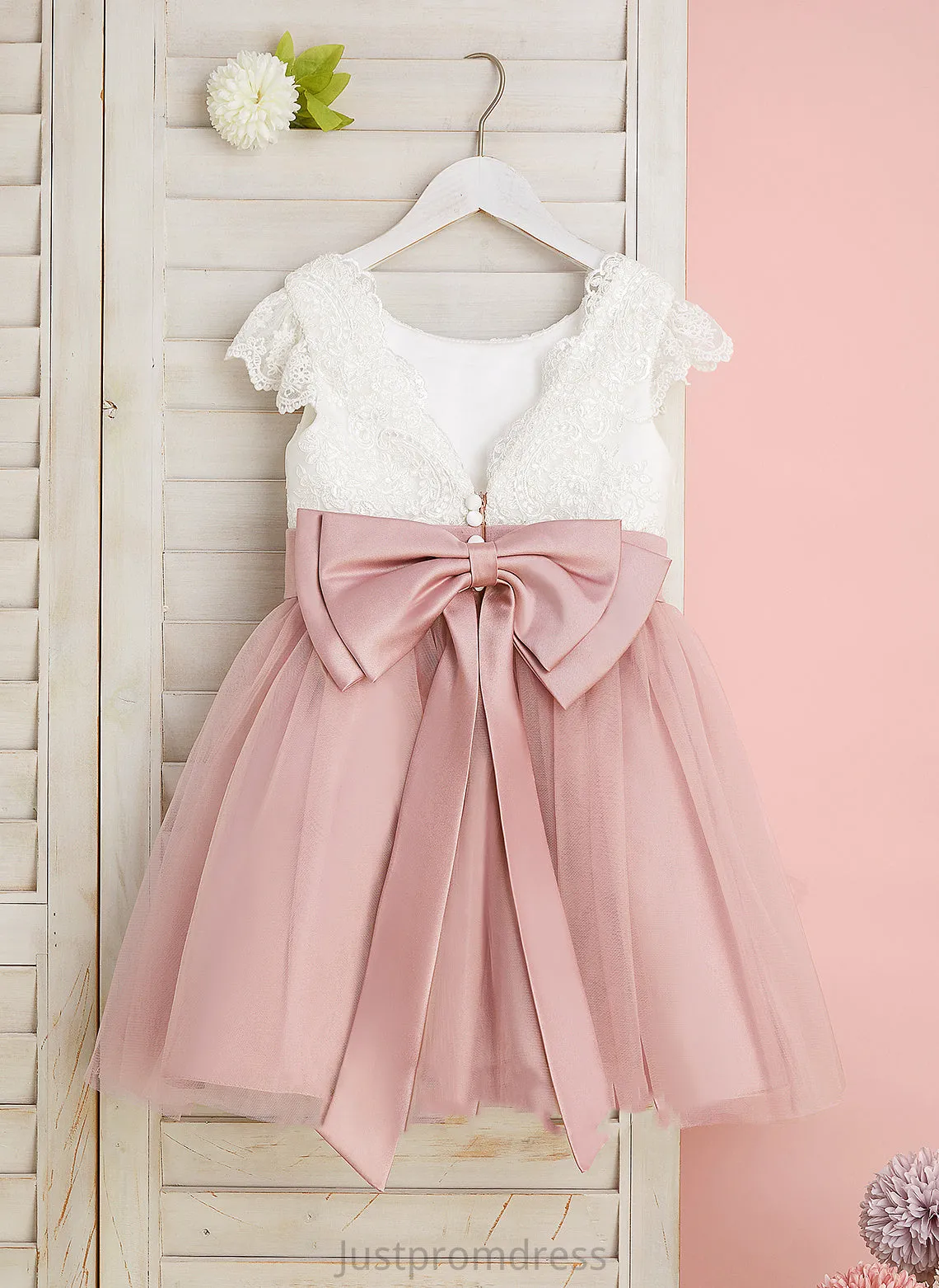 Dress Neck Short - Lace/Bow(s) Knee-length Elsie Sleeves A-Line With Flower Girl Tulle Scoop Flower Girl Dresses