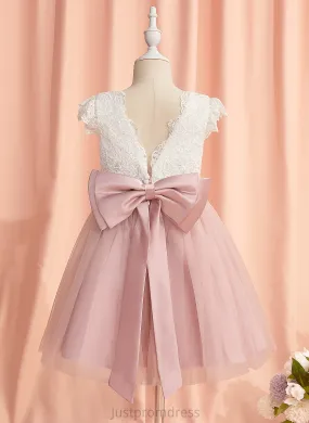 Dress Neck Short - Lace/Bow(s) Knee-length Elsie Sleeves A-Line With Flower Girl Tulle Scoop Flower Girl Dresses