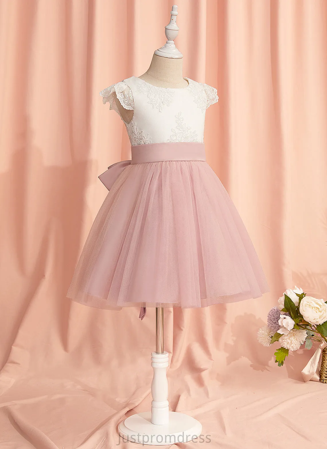 Dress Neck Short - Lace/Bow(s) Knee-length Elsie Sleeves A-Line With Flower Girl Tulle Scoop Flower Girl Dresses