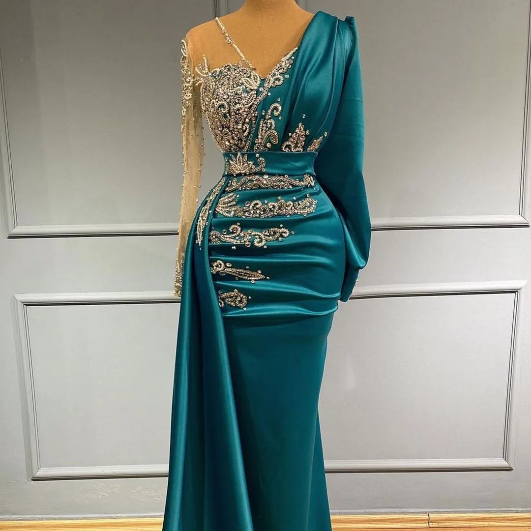 Elegant floor-length evening dress prom dresses with sleeves