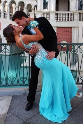Elegant V-Neck Mermaid Court Train Chiffon Prom Dresses With Beading PG312