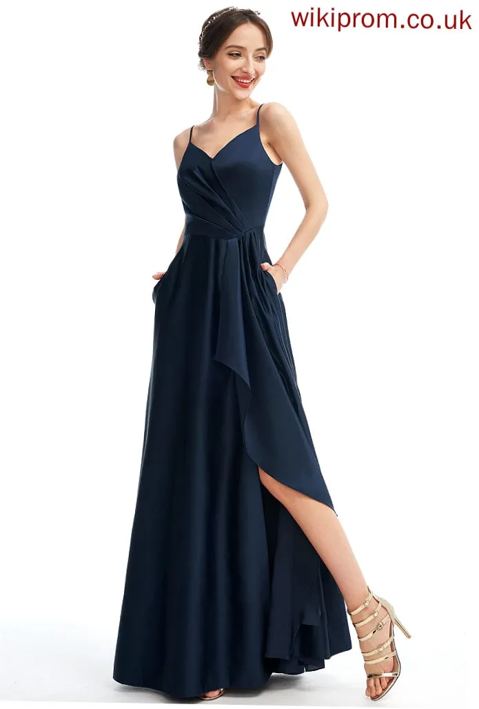 Embellishment Silhouette V-neck Pockets Floor-Length SplitFront Neckline Fabric Length A-Line Lynn Spaghetti Staps Bridesmaid Dresses