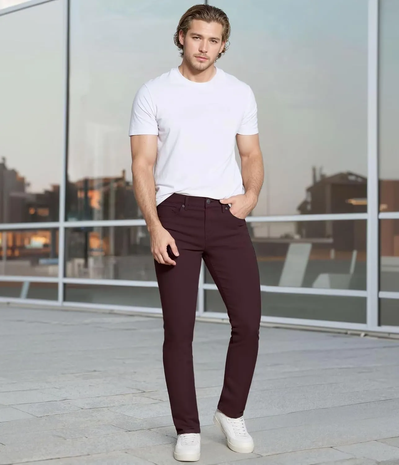 ETHANOL Mens Comfortable Stretch Trousers Slim Fit Straight Leg Stylish Design Pants
