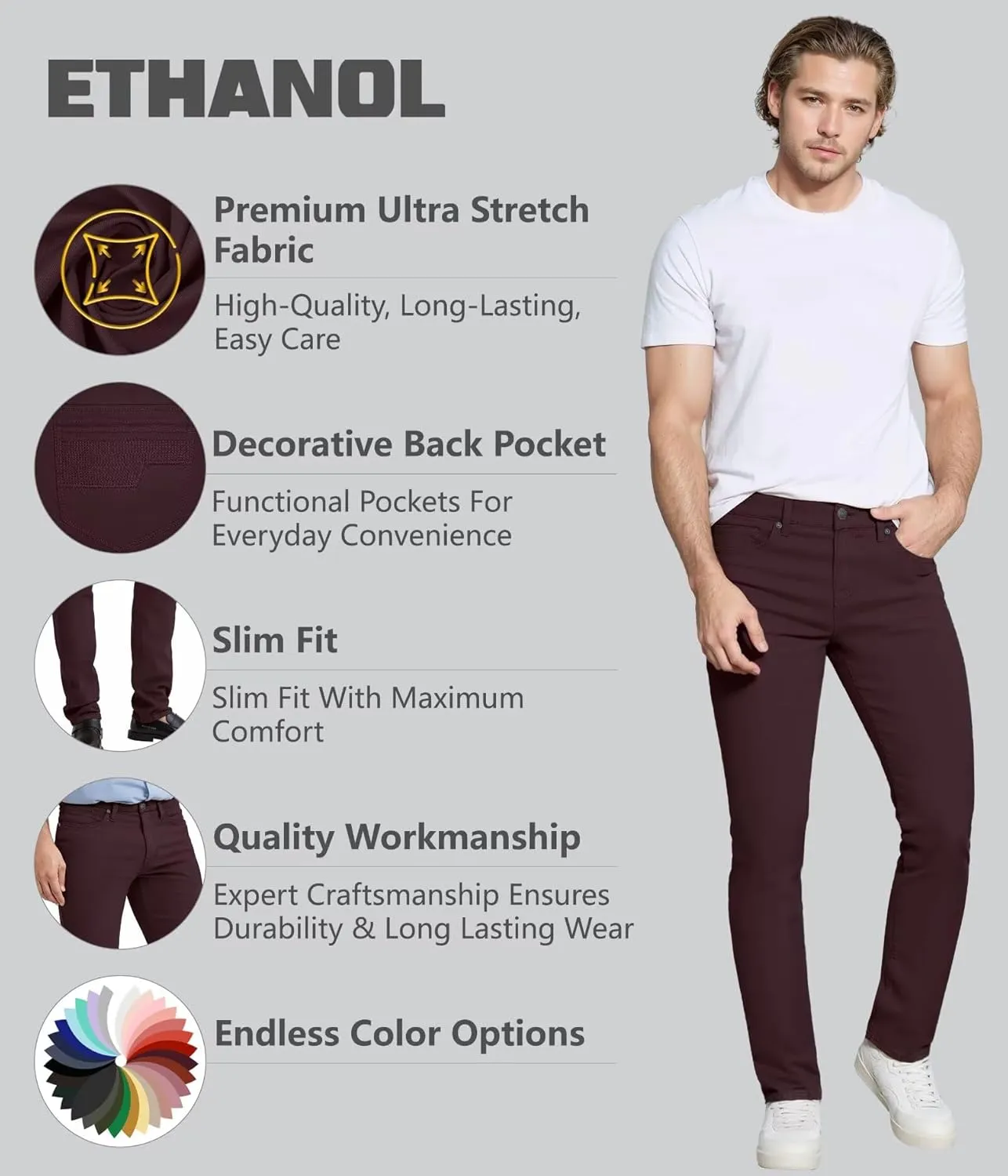 ETHANOL Mens Comfortable Stretch Trousers Slim Fit Straight Leg Stylish Design Pants