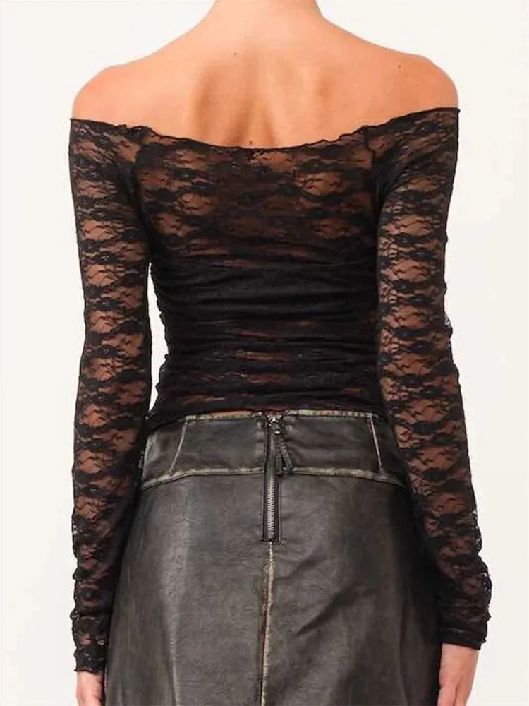 FashionSierra - Lace Floral Patchwork Mesh Sheer Off-Shoulder Long Sleeve Casual Pullovers Club Streetwear Tee