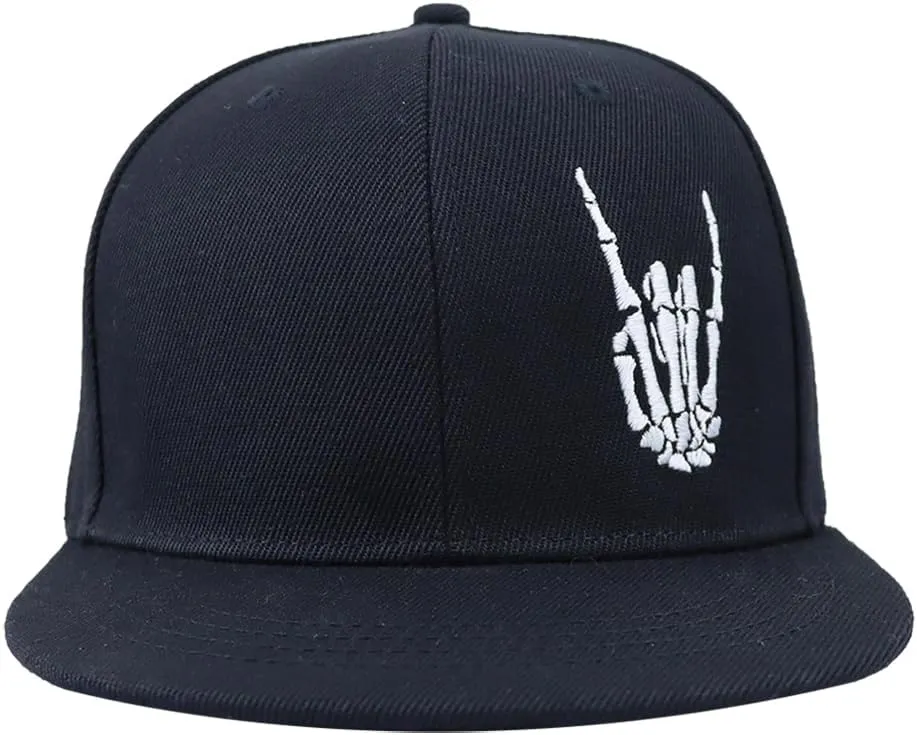 Flat Bill Hats for Men Snapback Baseball Cap Adjustable Embroidered Skeleton Hand Hat for Teen Boys Birthday Gifts