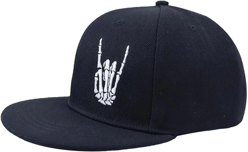 Flat Bill Hats for Men Snapback Baseball Cap Adjustable Embroidered Skeleton Hand Hat for Teen Boys Birthday Gifts