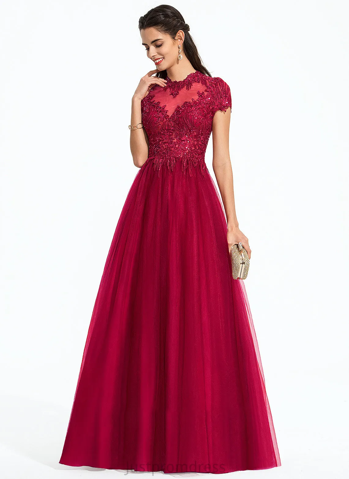 Floor-Length Ball-Gown/Princess Prom Dresses With Tulle Alma Scoop Sequins Neck