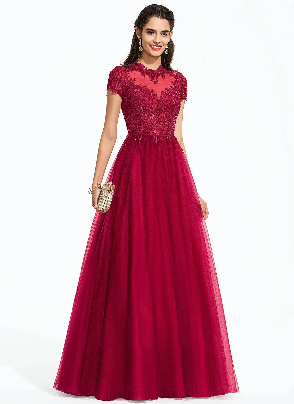 Floor-Length Ball-Gown/Princess Prom Dresses With Tulle Alma Scoop Sequins Neck