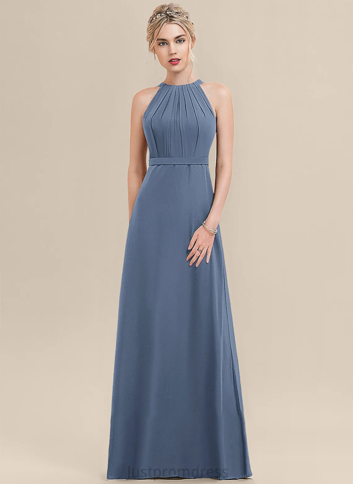 Floor-Length Silhouette Fabric A-Line ScoopNeck Neckline Embellishment Ruffle Length Estrella Natural Waist Floor Length Bridesmaid Dresses