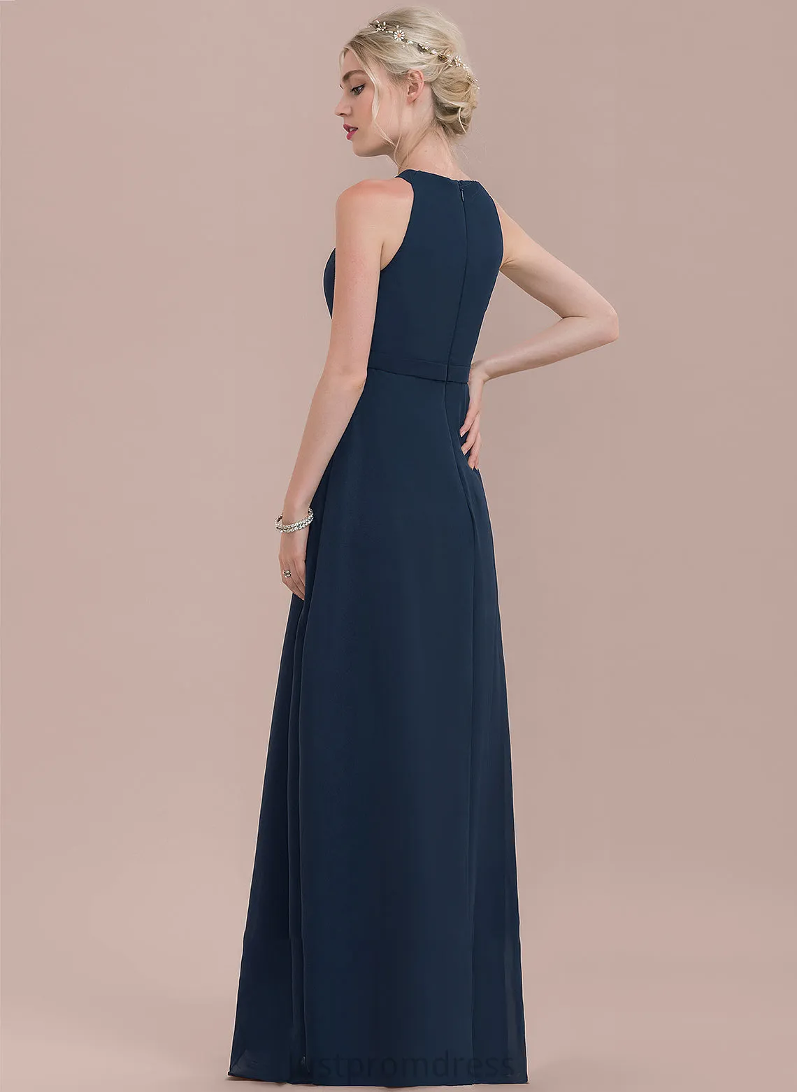 Floor-Length Silhouette Fabric A-Line ScoopNeck Neckline Embellishment Ruffle Length Estrella Natural Waist Floor Length Bridesmaid Dresses