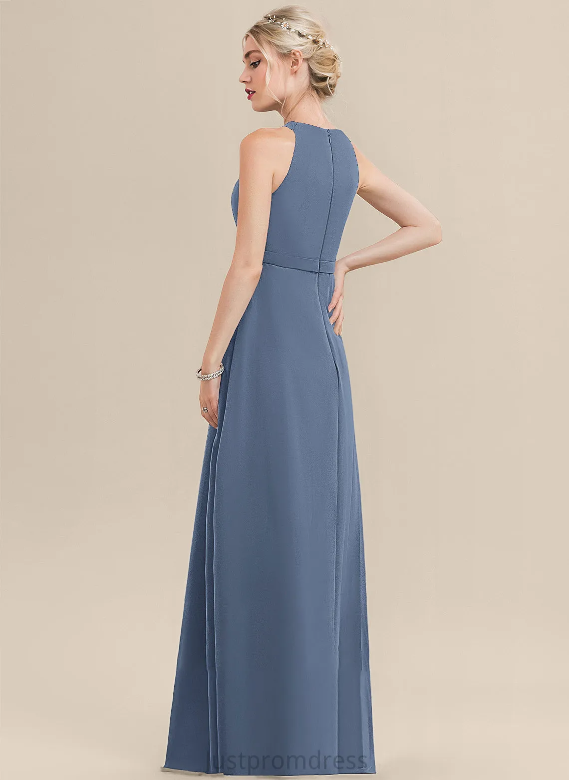 Floor-Length Silhouette Fabric A-Line ScoopNeck Neckline Embellishment Ruffle Length Estrella Natural Waist Floor Length Bridesmaid Dresses