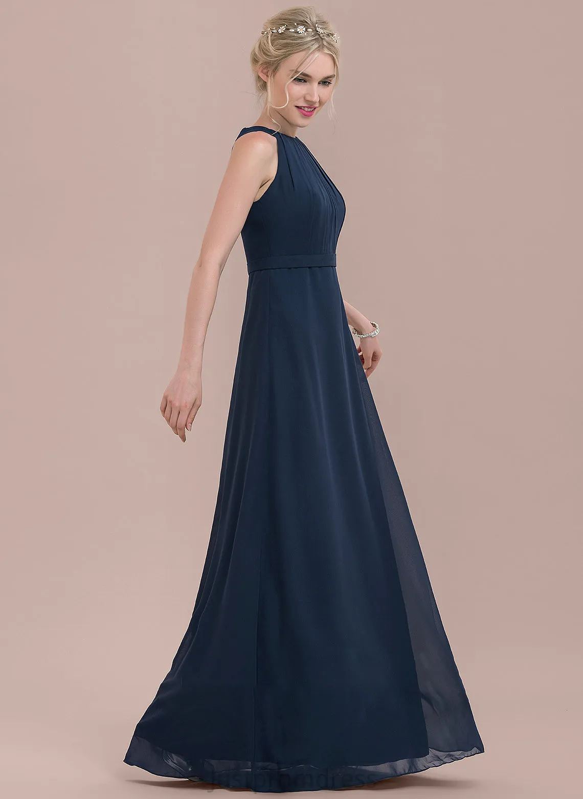 Floor-Length Silhouette Fabric A-Line ScoopNeck Neckline Embellishment Ruffle Length Estrella Natural Waist Floor Length Bridesmaid Dresses