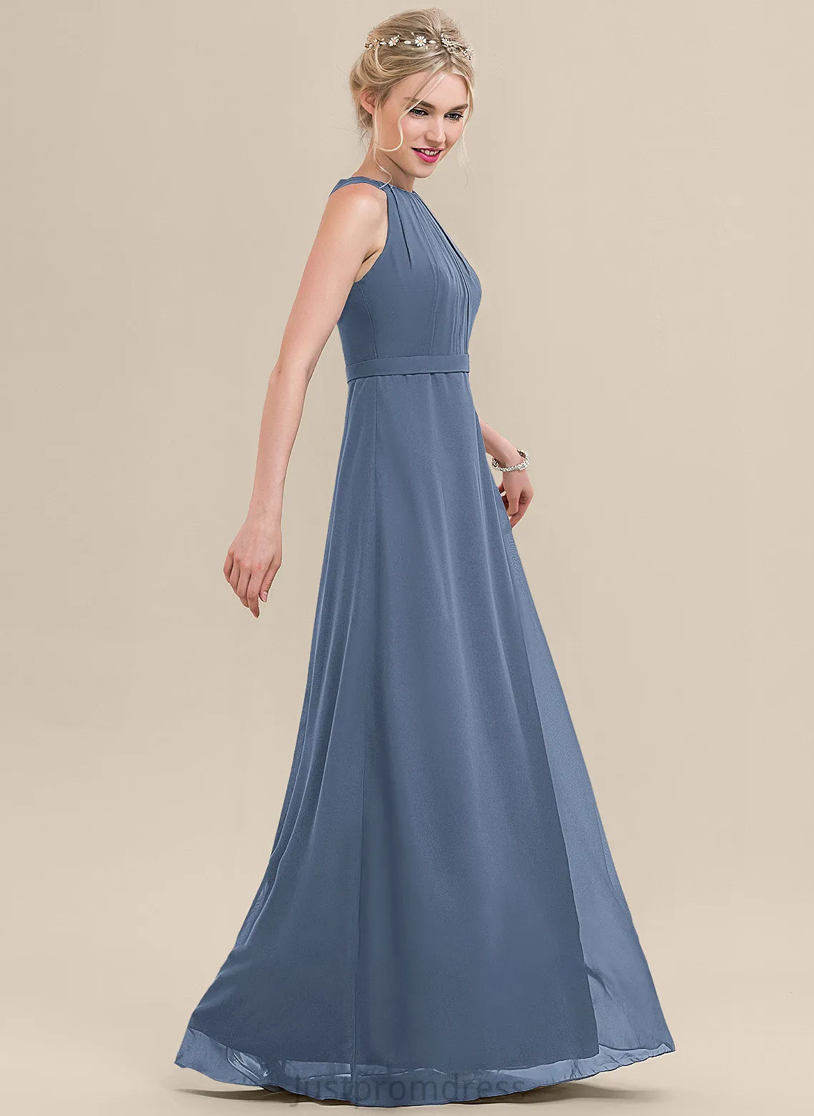 Floor-Length Silhouette Fabric A-Line ScoopNeck Neckline Embellishment Ruffle Length Estrella Natural Waist Floor Length Bridesmaid Dresses