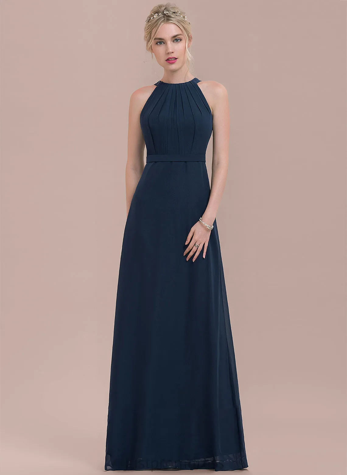 Floor-Length Silhouette Fabric A-Line ScoopNeck Neckline Embellishment Ruffle Length Estrella Natural Waist Floor Length Bridesmaid Dresses
