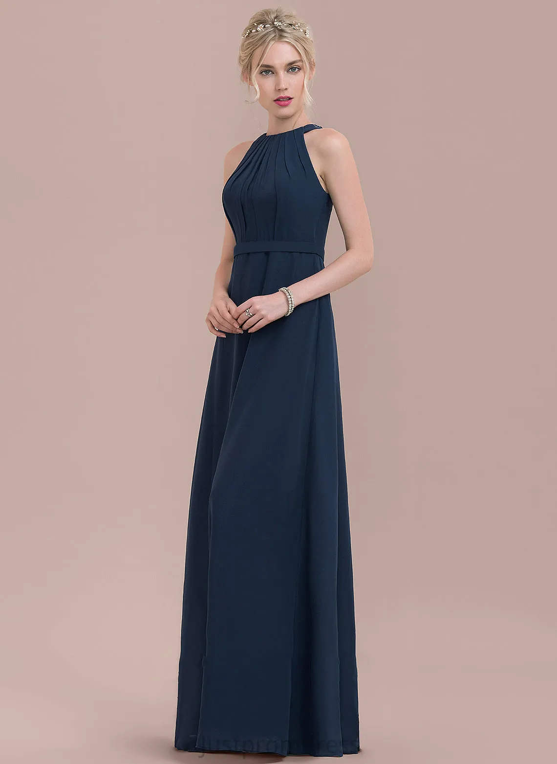 Floor-Length Silhouette Fabric A-Line ScoopNeck Neckline Embellishment Ruffle Length Estrella Natural Waist Floor Length Bridesmaid Dresses
