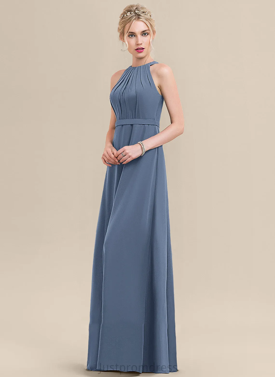 Floor-Length Silhouette Fabric A-Line ScoopNeck Neckline Embellishment Ruffle Length Estrella Natural Waist Floor Length Bridesmaid Dresses