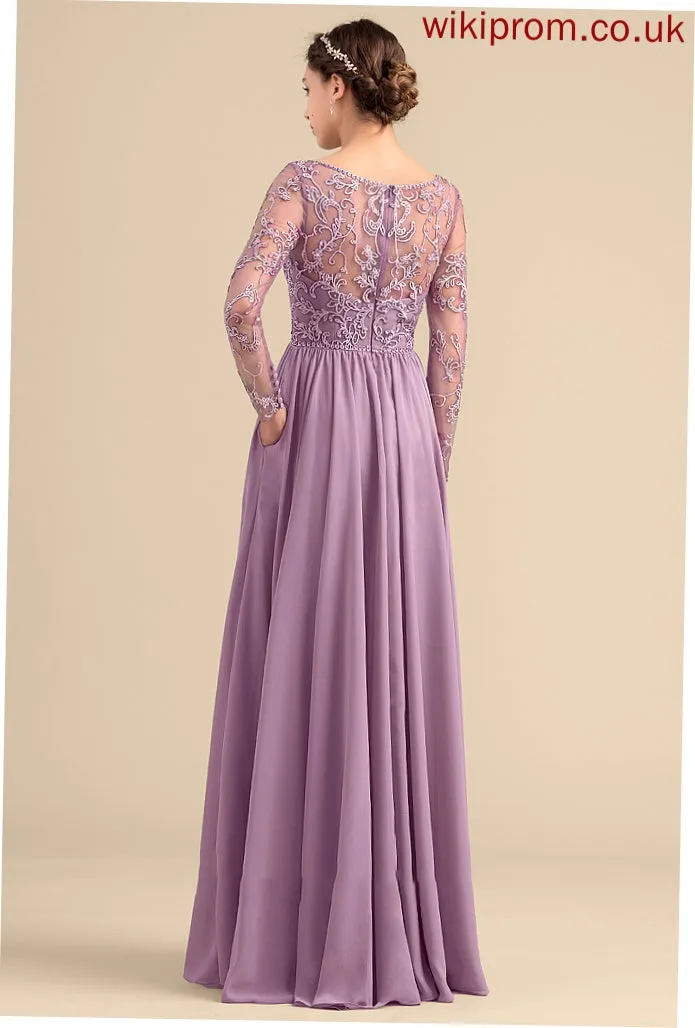Floor-Length Silhouette V-neck Beading Embellishment Pockets Neckline Fabric A-Line Length Sadie Natural Waist Bridesmaid Dresses