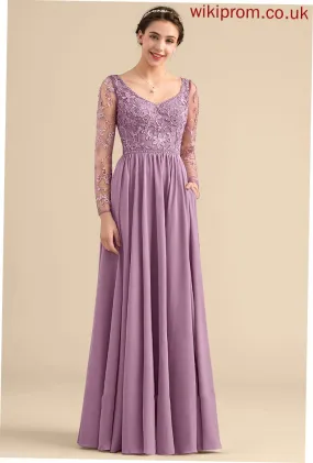 Floor-Length Silhouette V-neck Beading Embellishment Pockets Neckline Fabric A-Line Length Sadie Natural Waist Bridesmaid Dresses