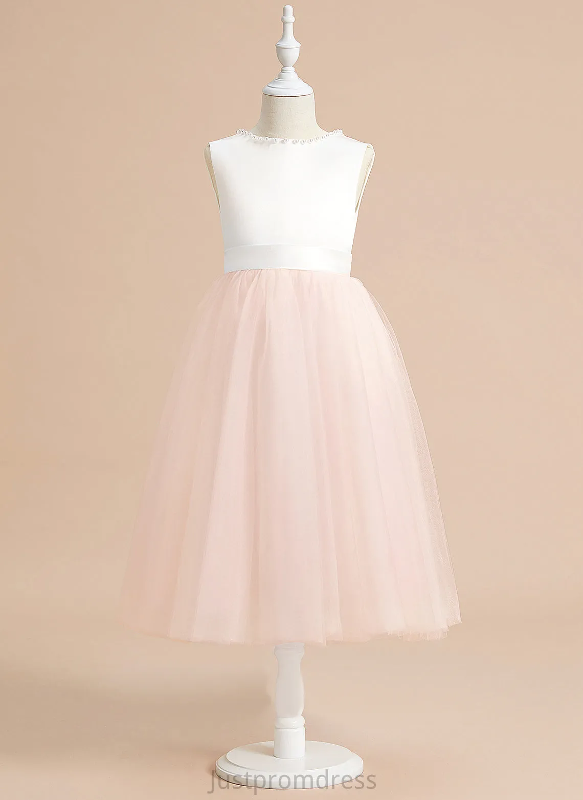 Flower Scoop Satin/Tulle With - Girl Neck Flower Girl Dresses Dress Tea-length Chasity A-Line Sleeveless Beading/Bow(s)
