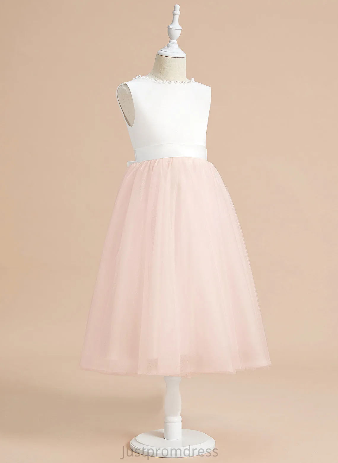 Flower Scoop Satin/Tulle With - Girl Neck Flower Girl Dresses Dress Tea-length Chasity A-Line Sleeveless Beading/Bow(s)