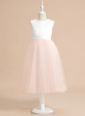 Flower Scoop Satin/Tulle With - Girl Neck Flower Girl Dresses Dress Tea-length Chasity A-Line Sleeveless Beading/Bow(s)