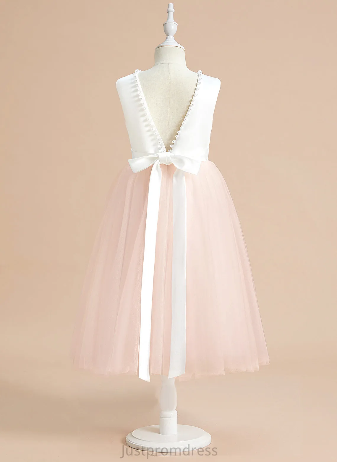Flower Scoop Satin/Tulle With - Girl Neck Flower Girl Dresses Dress Tea-length Chasity A-Line Sleeveless Beading/Bow(s)