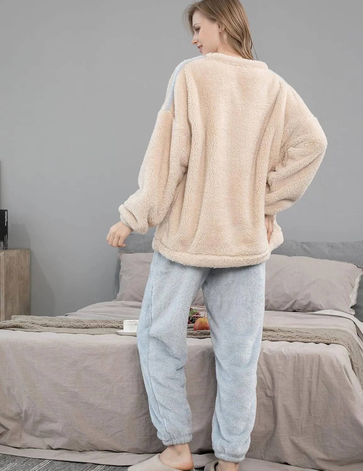 Flygo Fleece Pajamas Women Winter Fuzzy Pajamas Lounge Set Pullover Top Pants Plush Sleepwear