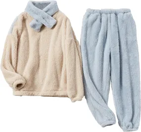 Flygo Fleece Pajamas Women Winter Fuzzy Pajamas Lounge Set Pullover Top Pants Plush Sleepwear