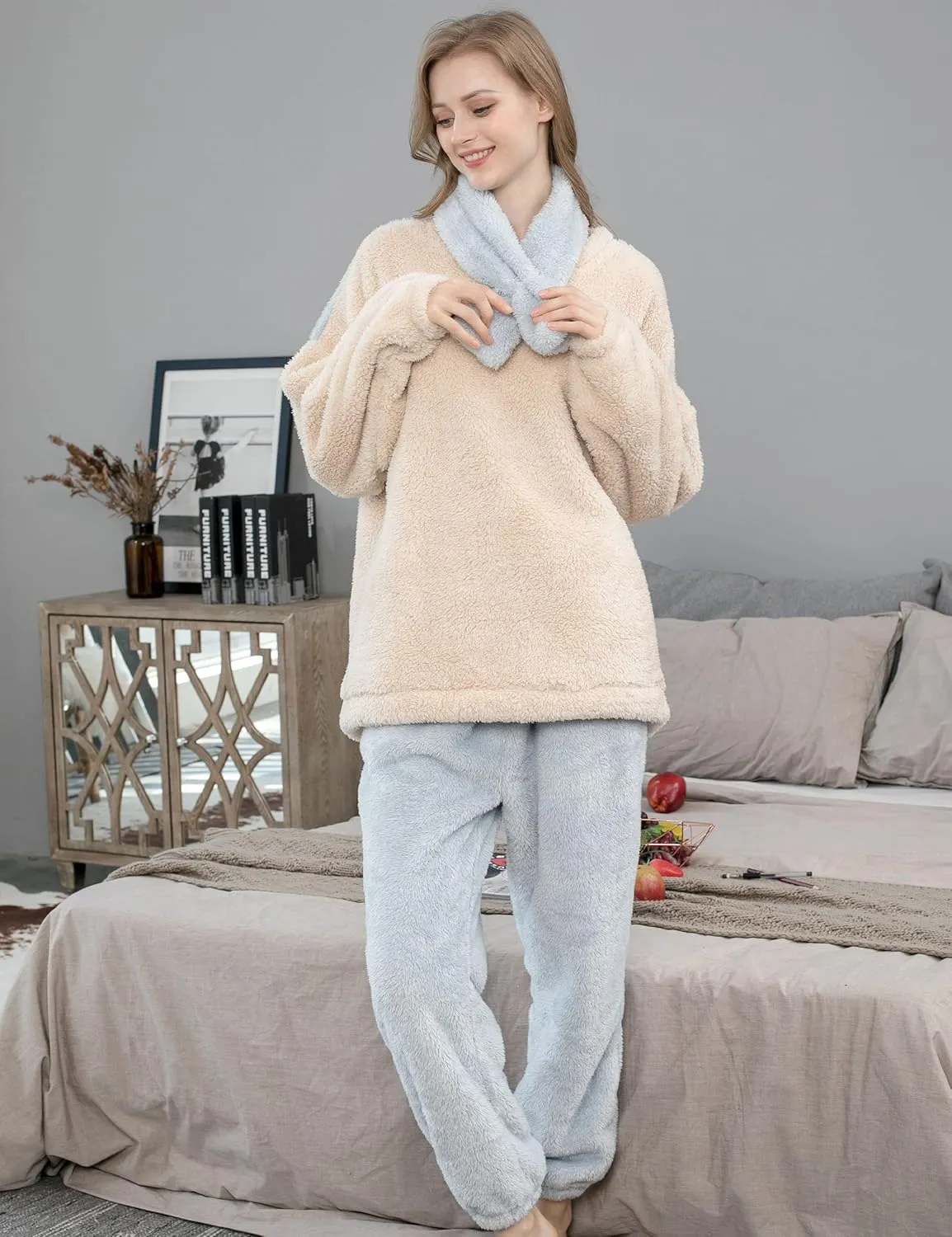 Flygo Fleece Pajamas Women Winter Fuzzy Pajamas Lounge Set Pullover Top Pants Plush Sleepwear