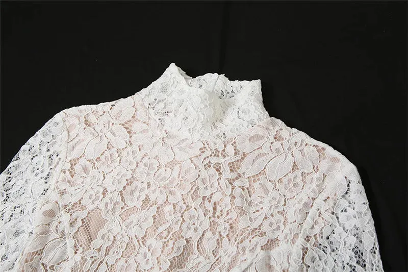 Flytonn Autumn Long Sleeve Dress White Elegant Lace Dress 2025 New Arrivals Stand Collar Slim Birthday Party Dresses Women-nye outfits