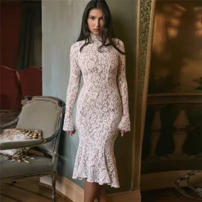 Flytonn Autumn Long Sleeve Dress White Elegant Lace Dress 2025 New Arrivals Stand Collar Slim Birthday Party Dresses Women-nye outfits